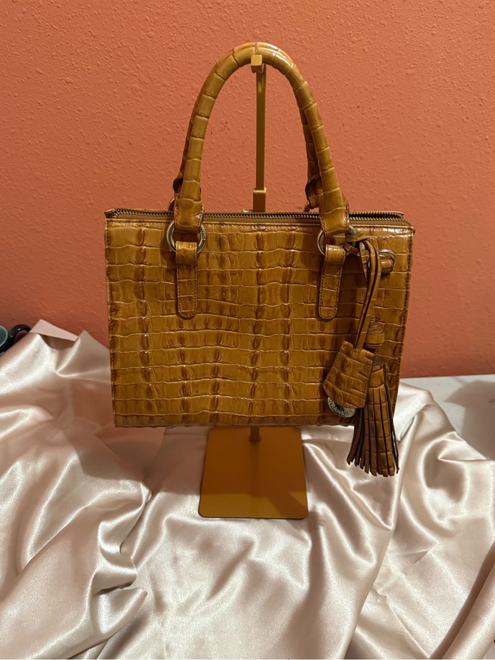 Brahmin Croc-Embossed Satchel in Cognac